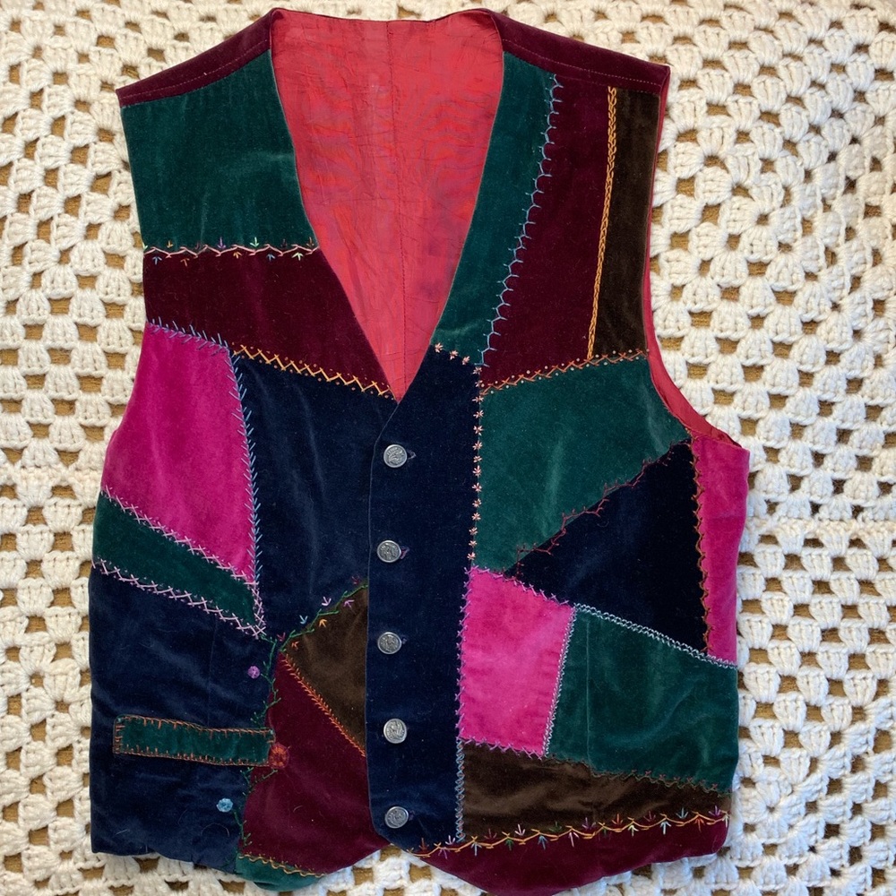 Vintage Velvet Patchwork Vest Button Front - image 3